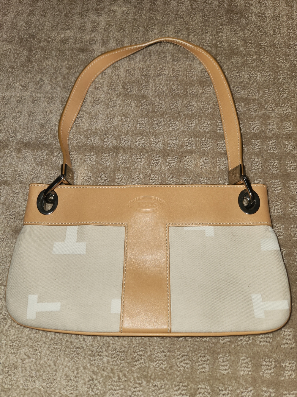 Vintage TOD'S Beige and Cream Leather-Trim Logo Bag